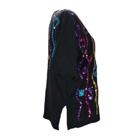 Vtg 80s Carducci Rainbow Sequin Top Size M Black Statement Shoulder Pads Disco - Picture 5 of 10